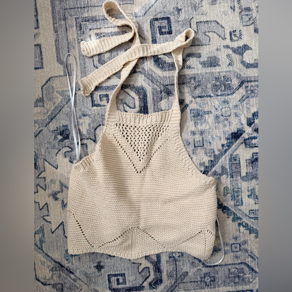 Hand-Knit Crochet Halter Top in Cream